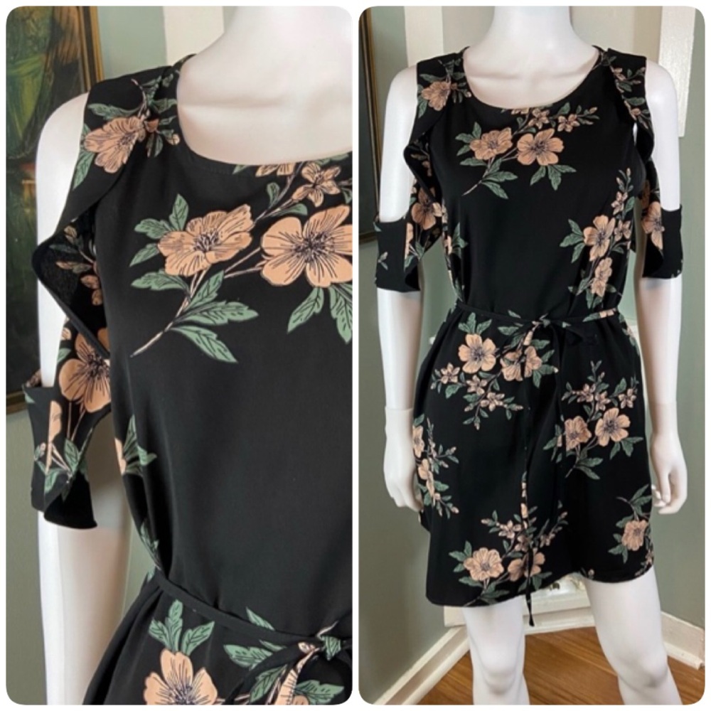 Forever 21 Black Floral Mini Shift Dress Medium M Off Cold Shoulder Belted
